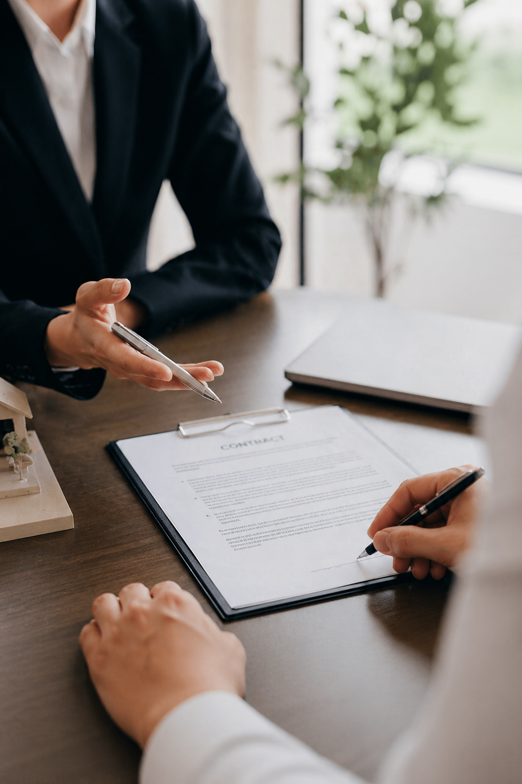 Professional reviewing and signing documents during a contract negotiation meeting